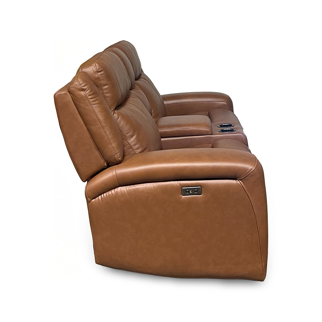 Tranquility Leather Power Reclining Console Loveseat from Cheers in Brown with Cup Holders, Power Recline - Leather detail