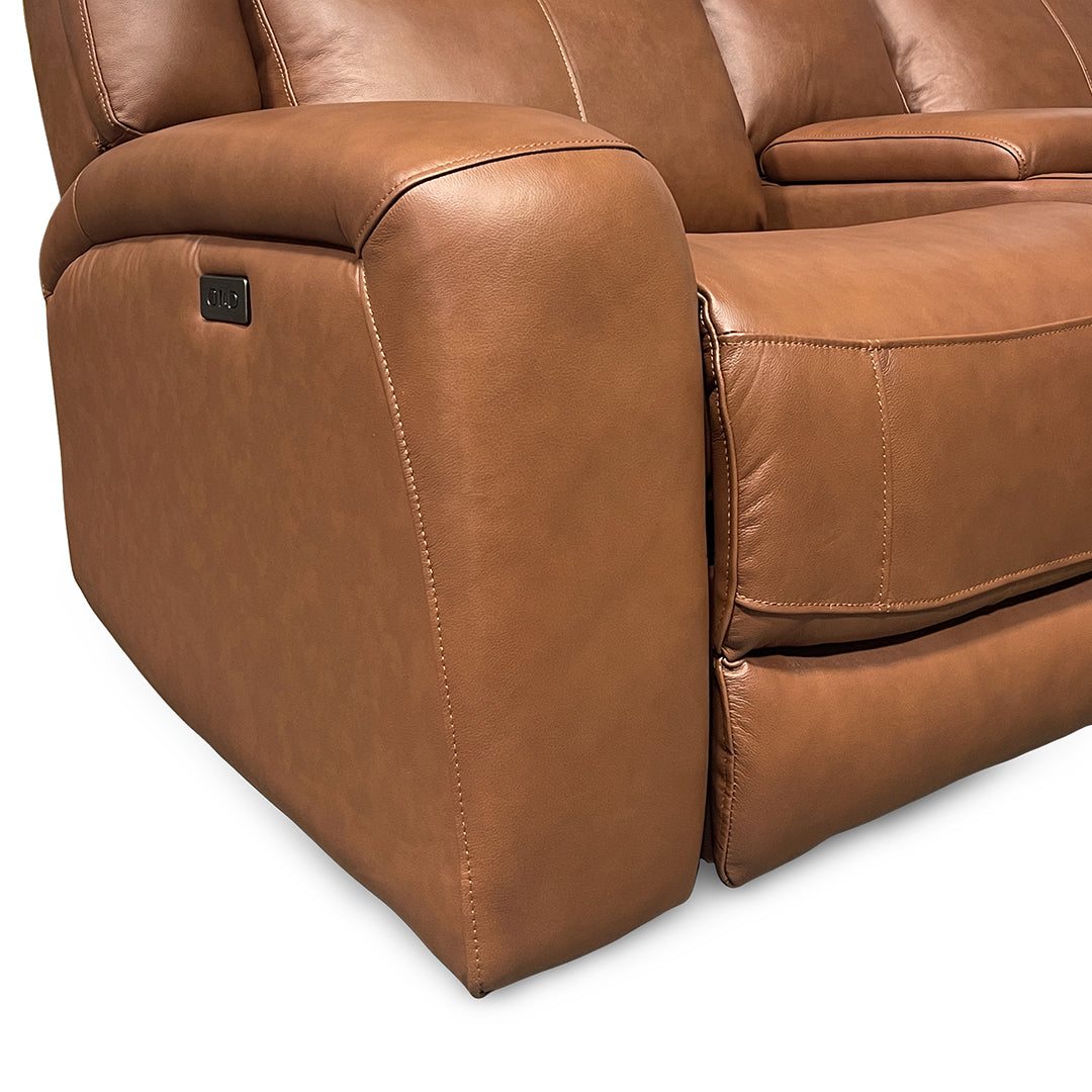 Tranquility Leather Power Reclining Console Loveseat from Cheers in Brown with Cup Holders, Power Recline - Leather detail