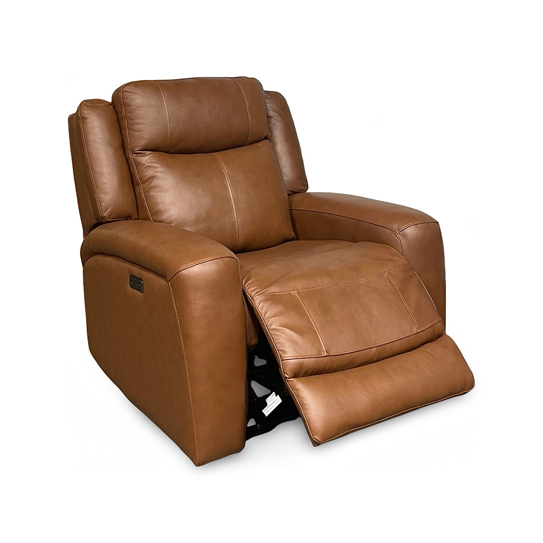 Tranquility Leather Power Recliner from Cheers in Brown with USB Port - Reclined position