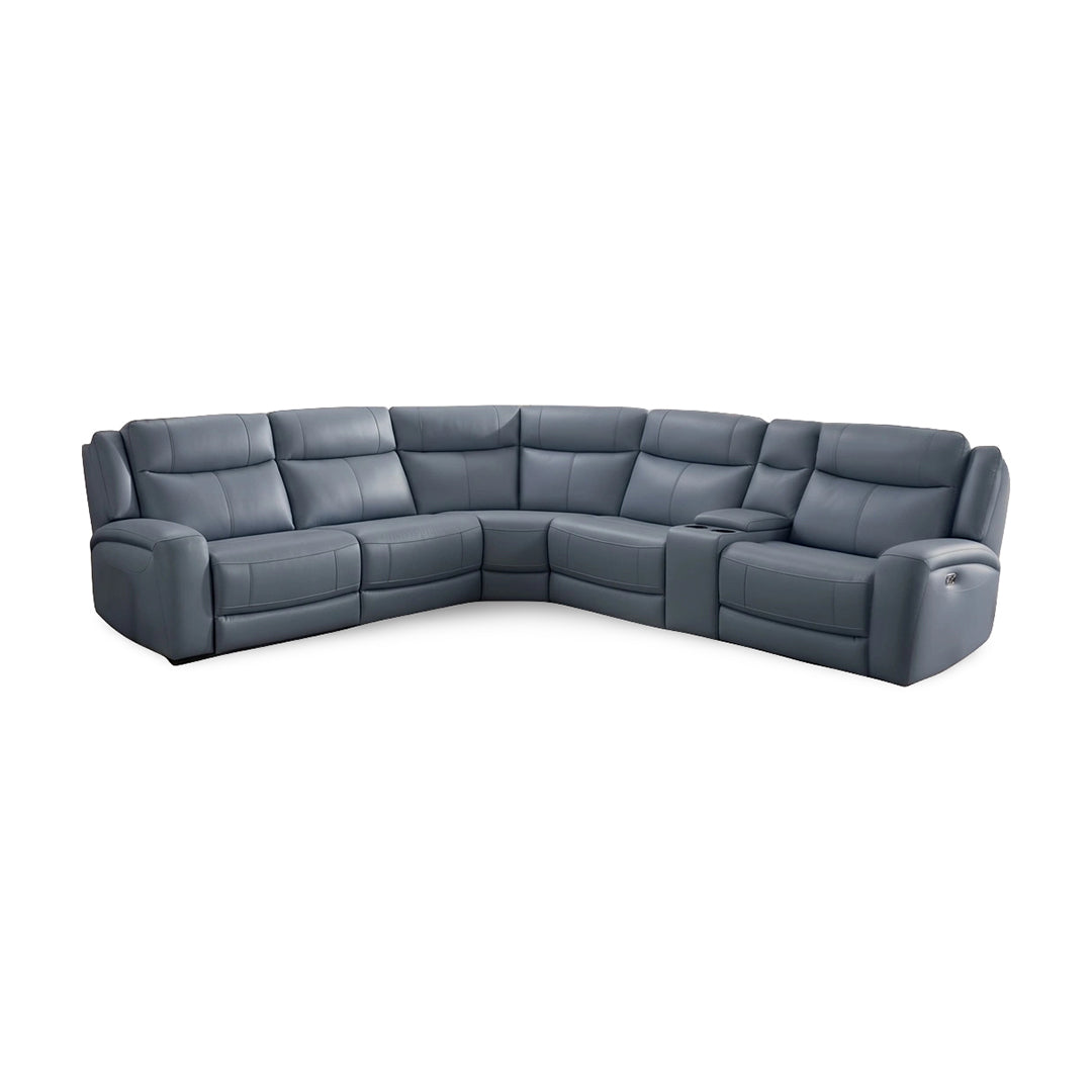 Tranquility Leather Power Reclining Sectional (6-Piece) from Cheers with Cup Holders, Drop Down Table - Blue finish