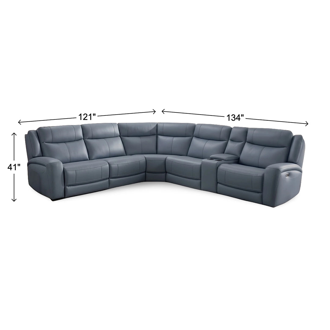 Tranquility Leather Power Reclining Sectional (6-Piece) from Cheers with Cup Holders, Drop Down Table - Blue finish