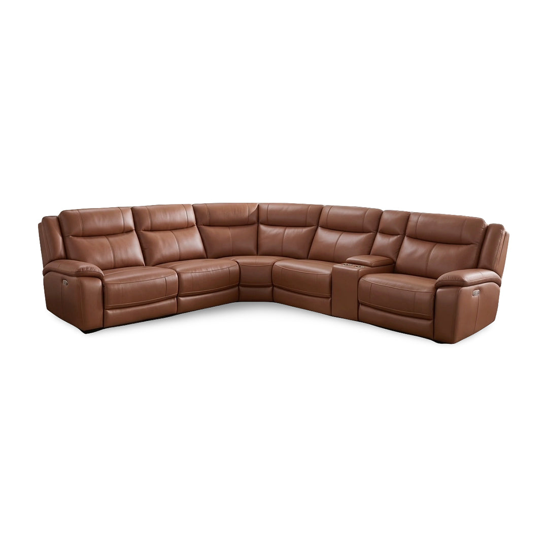Tranquility Leather Power Reclining Sectional (6-Piece) from Cheers with Cup Holders, Drop Down Table - Brown finish