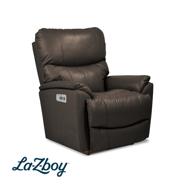 Trouper Leather Power Rocker Recliner from La-Z-Boy Incorporated in Gray with Power Headrest, Power Recline, Made in USA - Reclined position