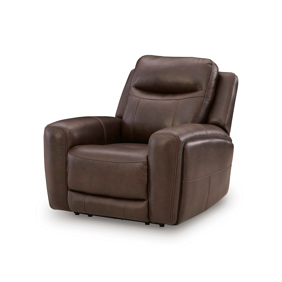 Gravier Leather Power Recliner from Signature Design by Ashley in Brown with Power Headrest, Power Lumbar - Angle view