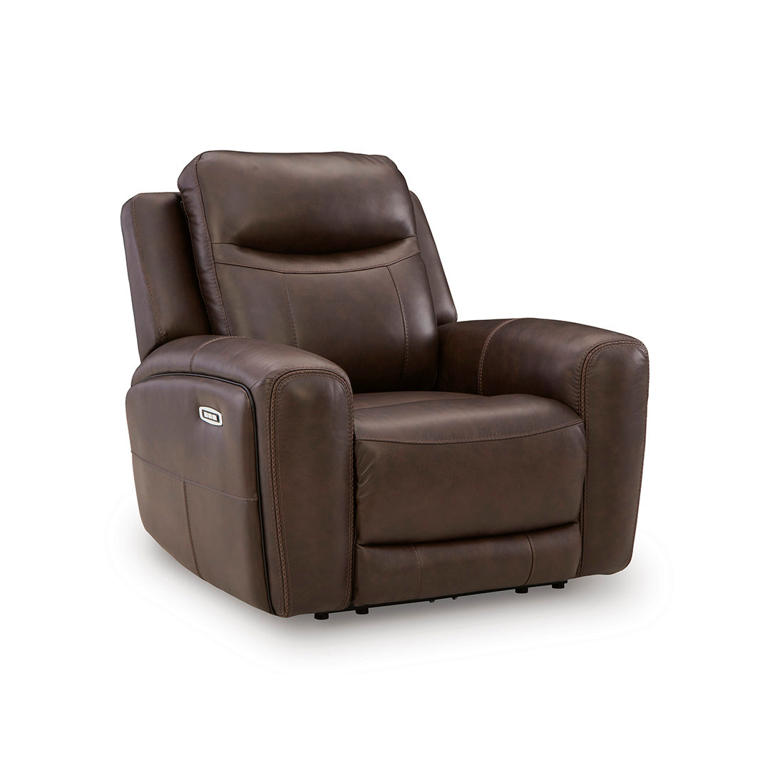 Gravier Leather Power Recliner from Signature Design by Ashley in Brown with Power Headrest, Power Lumbar - Angle view