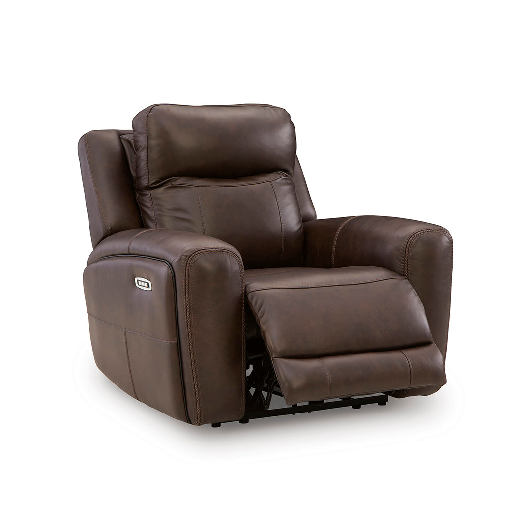Gravier Leather Power Recliner from Signature Design by Ashley in Brown with Power Headrest, Power Lumbar - Angle view