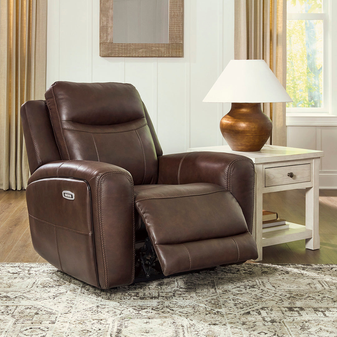 Gravier Leather Power Recliner from Signature Design by Ashley in Brown with Power Headrest, Power Lumbar - Open position