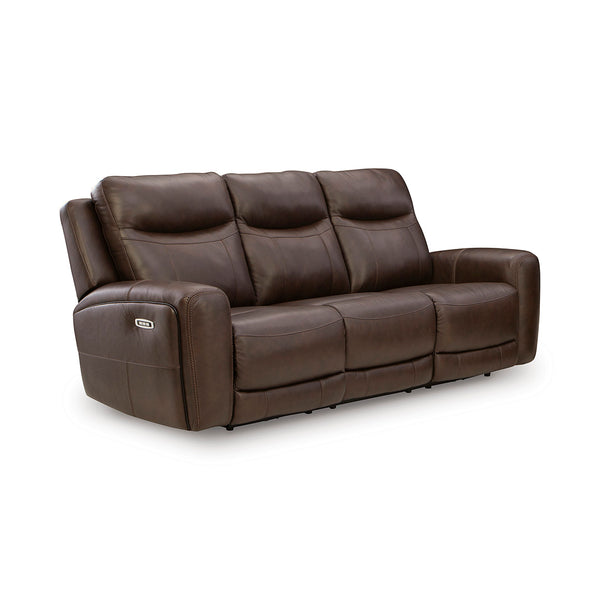 Gravier Leather Power Reclining Sofa from Signature Design by Ashley in Brown with Power Headrest, Power Lumbar - Angle view