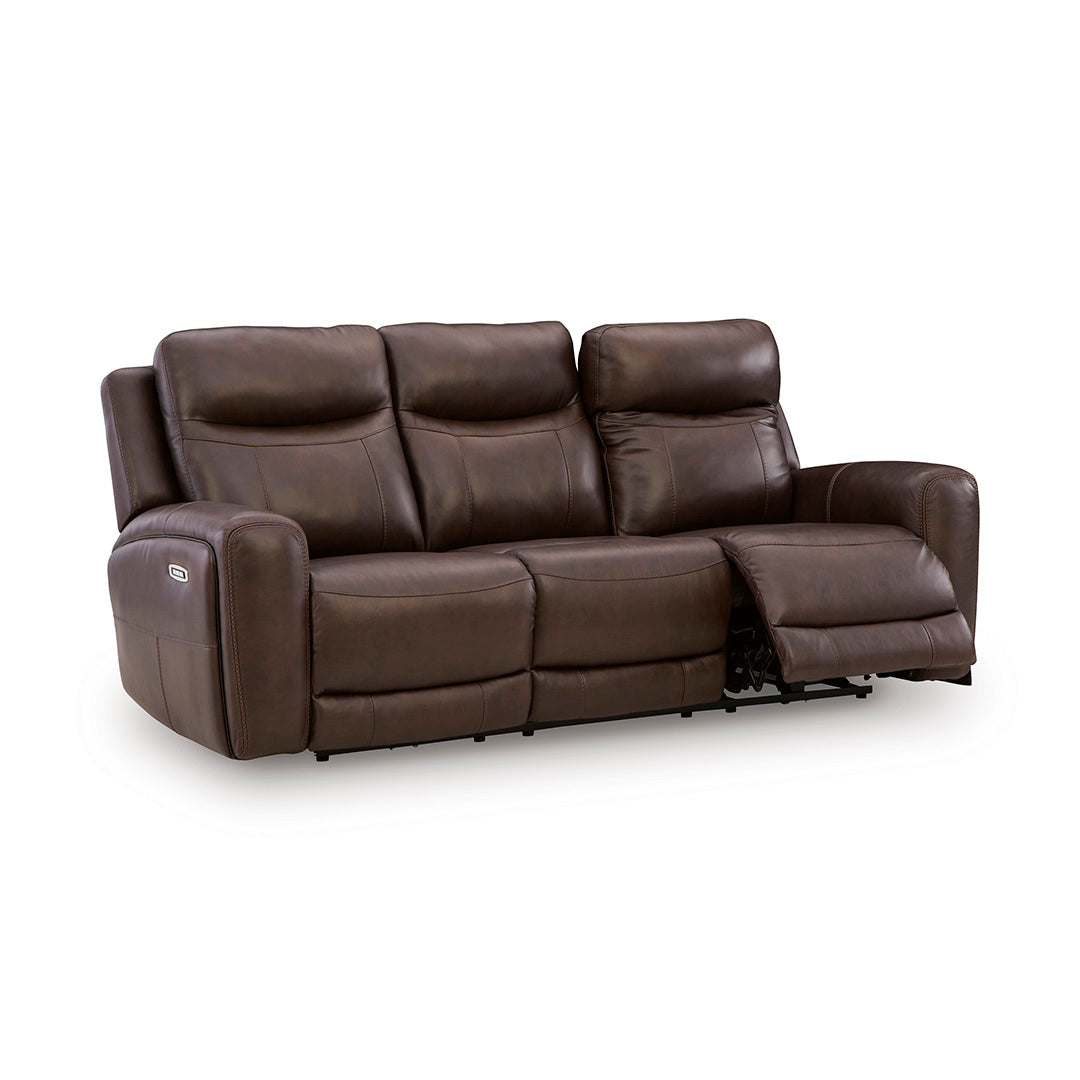 Gravier Leather Power Reclining Sofa from Signature Design by Ashley in Brown with Power Headrest, Power Lumbar - Angle view