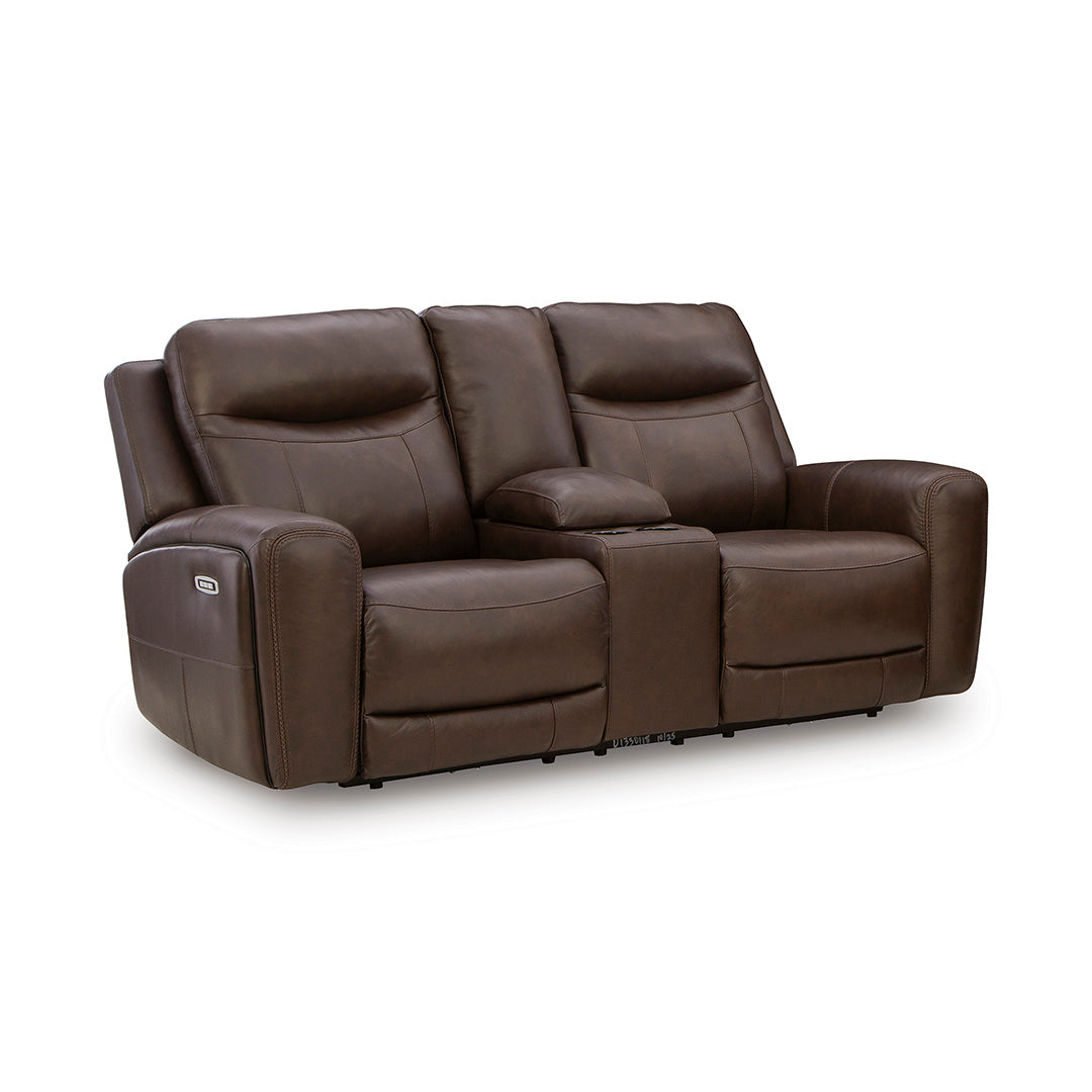 Gravier Leather Power Reclining Loveseat with Console from Signature Design by Ashley in Brown with Cup Holders, Storage - Angle view