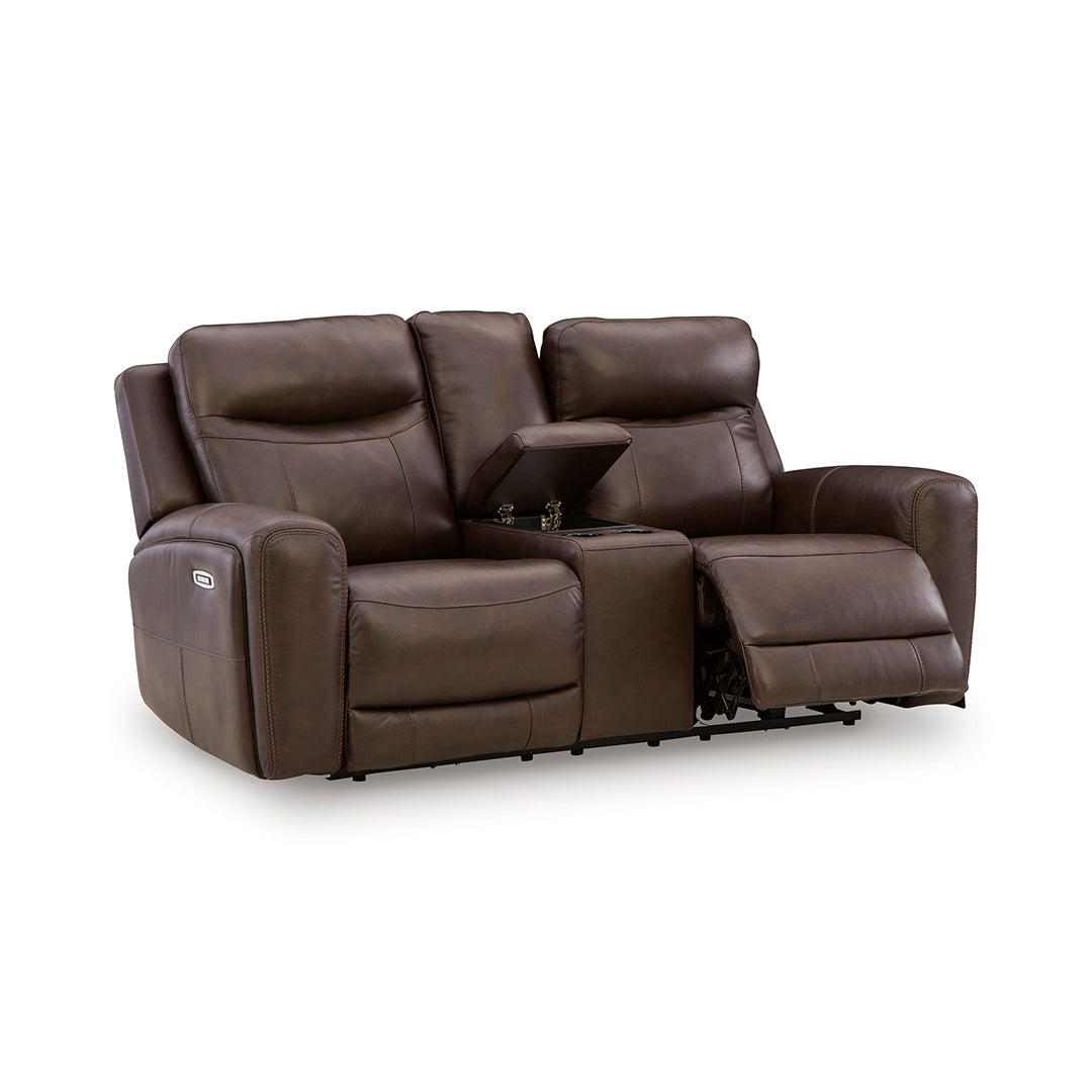 Gravier Leather Power Reclining Loveseat with Console from Signature Design by Ashley in Brown with Cup Holders, Storage - Angle view