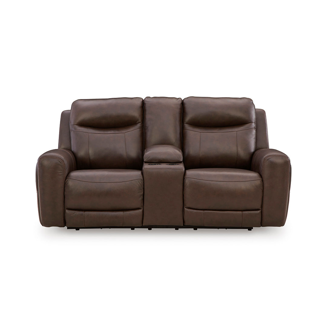 Gravier Leather Power Reclining Loveseat with Console from Signature Design by Ashley in Brown with Cup Holders, Storage - Detail view