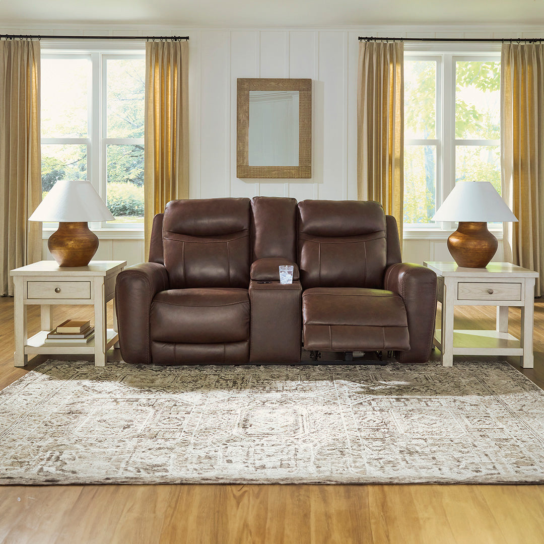 Gravier Leather Power Reclining Loveseat with Console from Signature Design by Ashley in Brown - Open position