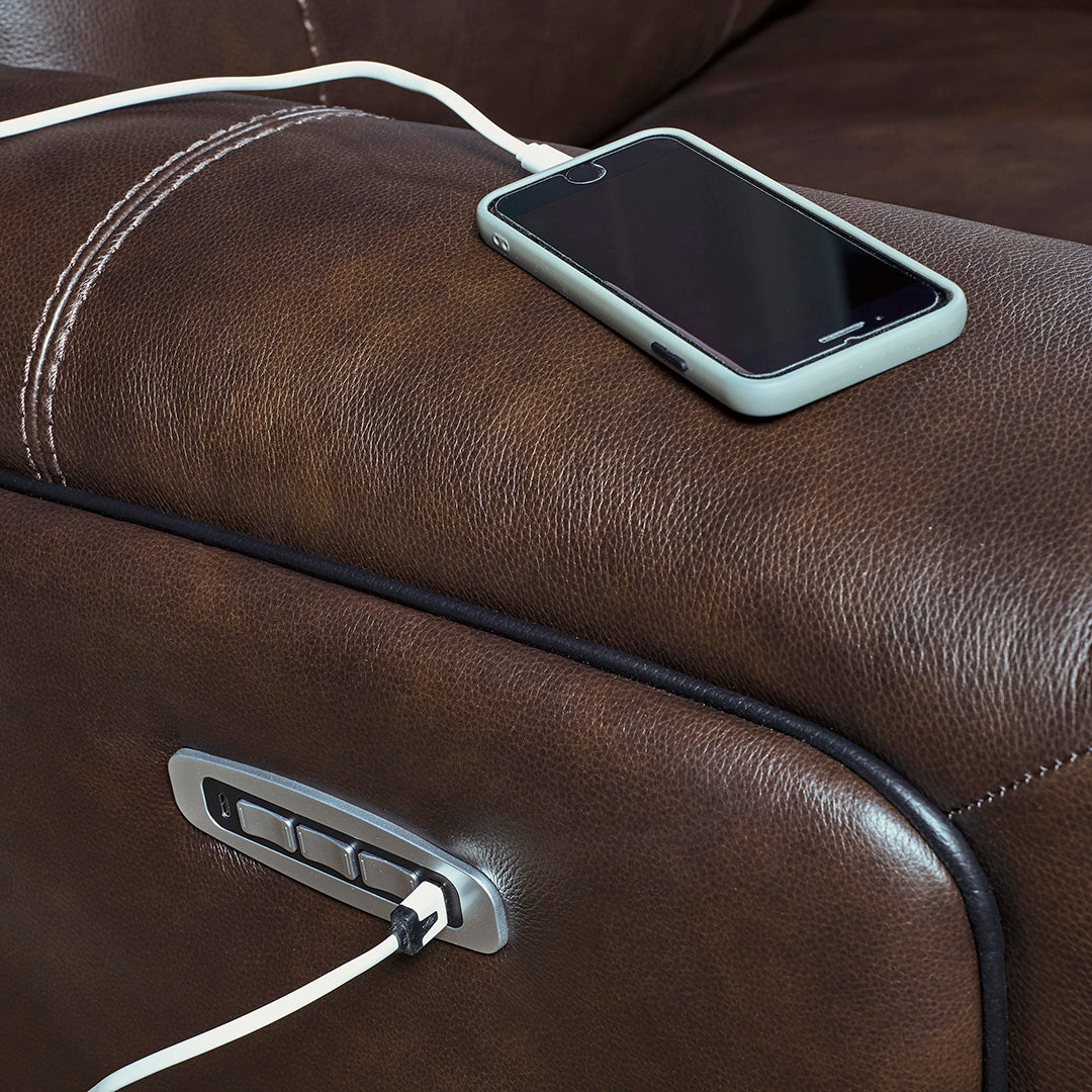 Gravier Leather Power Reclining Sofa from Signature Design by Ashley in Brown with Power Headrest, Power Lumbar - USB port feature