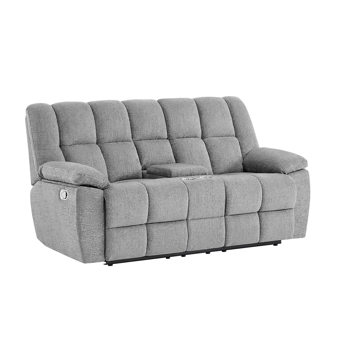 Spellbinder reclining loveseat in gray with console, reclined view, from Global Furniture USA