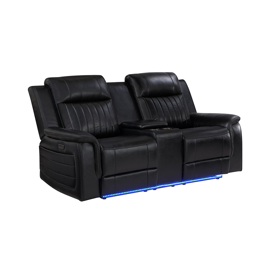 Black Faux Leather / Leather-Look Wade Power Reclining Loveseat with Console with Cup Holders, Power Recline from Global Furniture USA Inc.