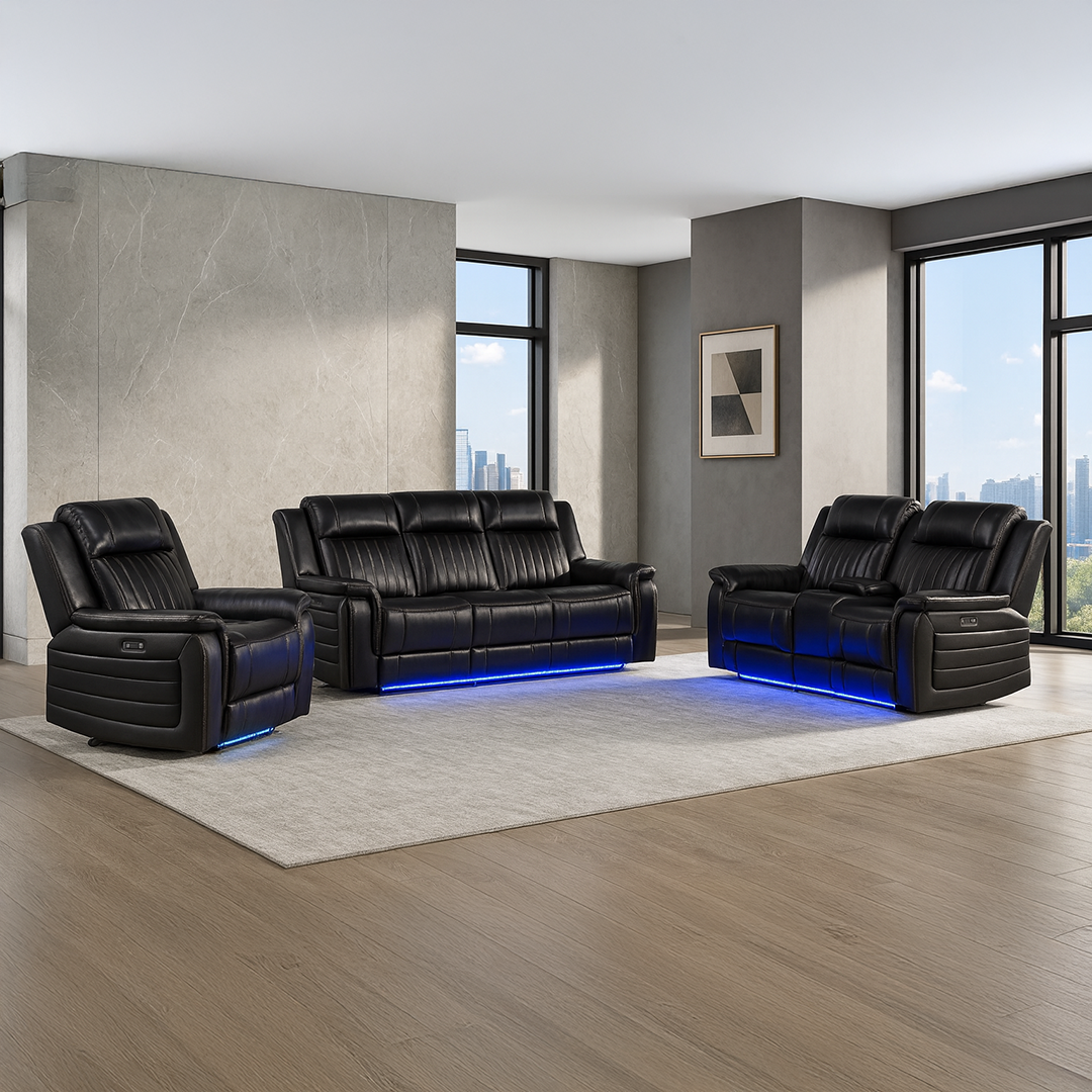 Black Faux Leather / Leather-Look Wade Power Reclining Living Room Set with Cup Holders, Power Recline from Global Furniture USA Inc. - Black finish
