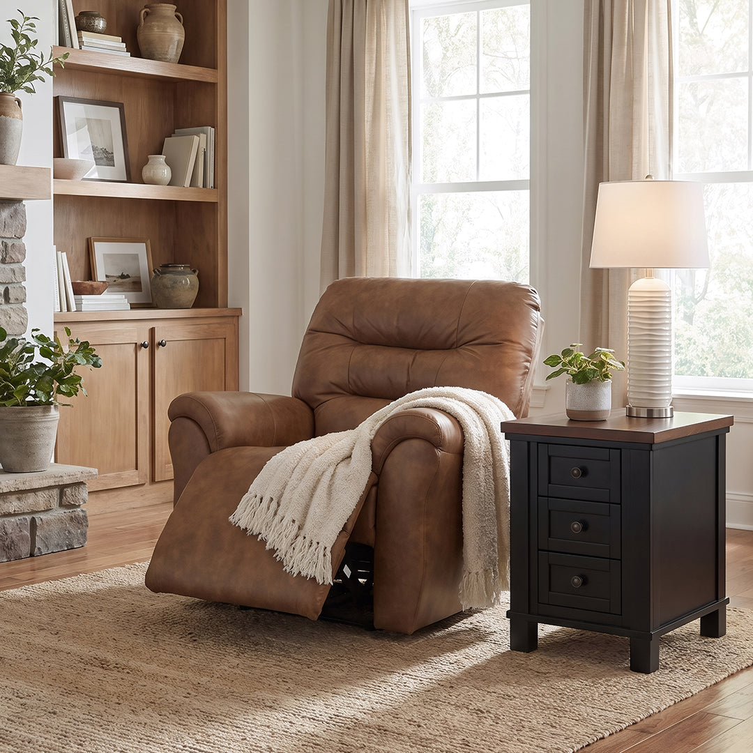 Unity Power Rocker Recliner from Furniture Fair in Brown Performance Fabric, Made in USA - Reclined position
