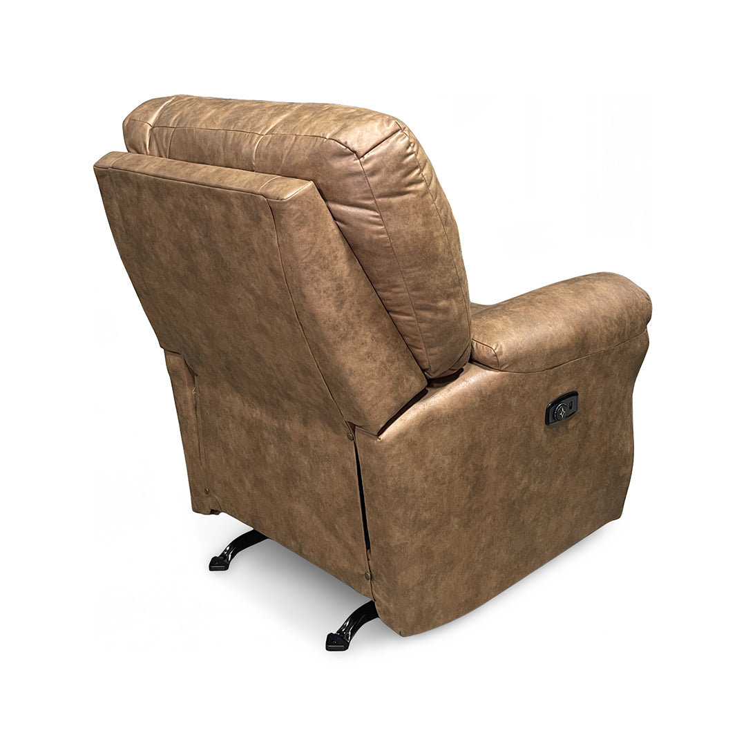 Unity Power Rocker Recliner from Furniture Fair in Brown Performance Fabric with Power Headrest, Power Recline, Made in USA - Reclined position