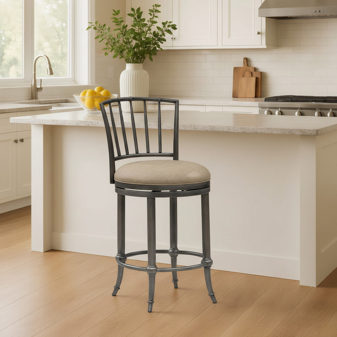 Bar stool with metal frame and beige cushion on a white background