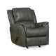 A dark gray faux leather recliner chair with padded backrest, armrests, and a side pocket, shown on a plain white background.