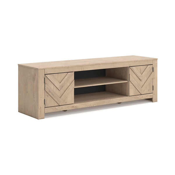 Wooden TV stand with chevron pattern on a white background