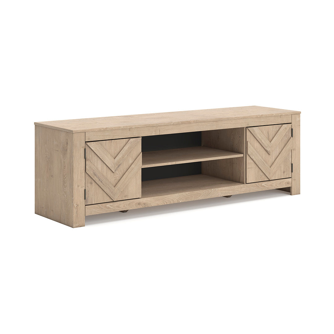 Wooden TV stand with chevron pattern on a white background