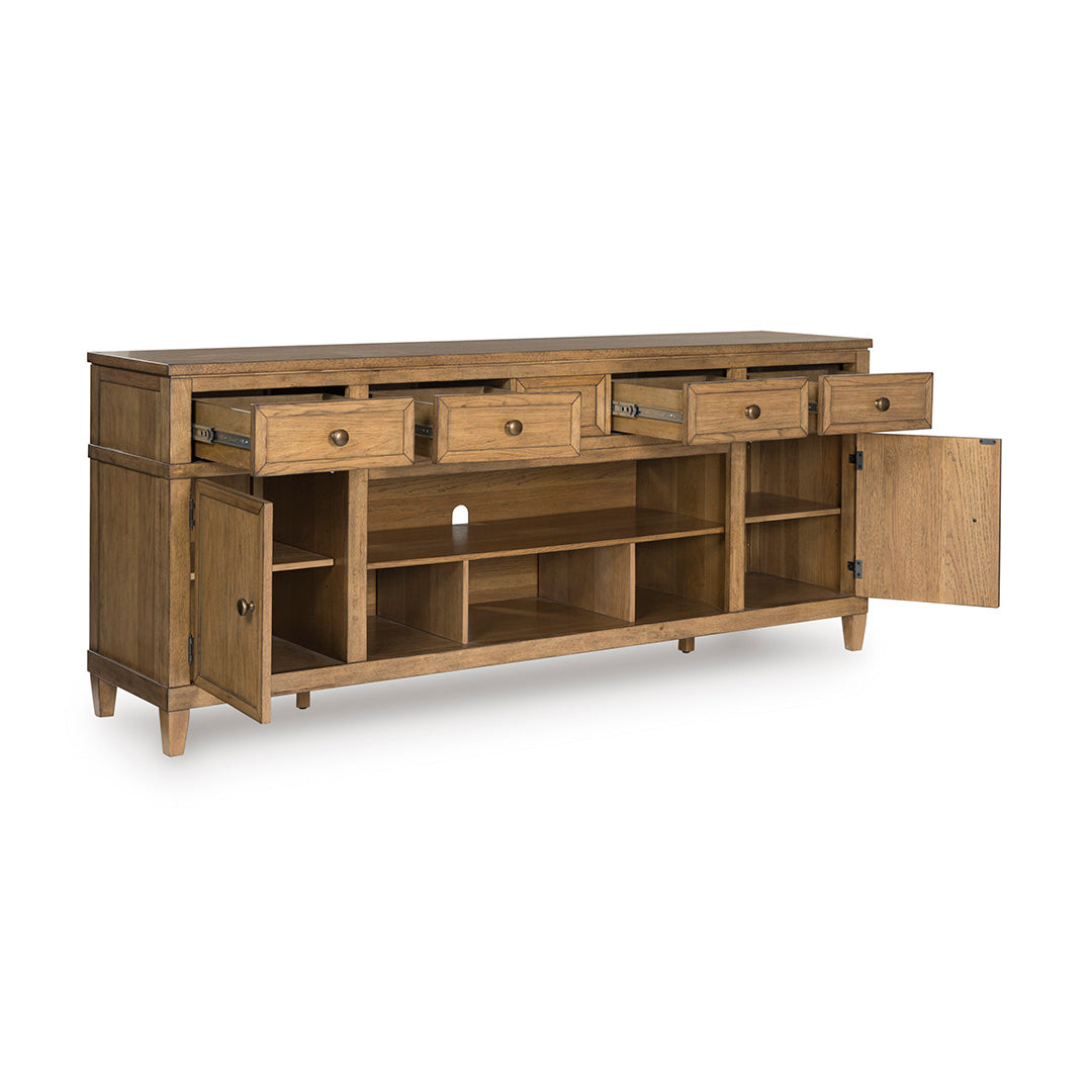 Sharlance TV Stand from Signature Design by Ashley in Brown Veneer with Bluetooth Speaker, LED Lighting - Angle view