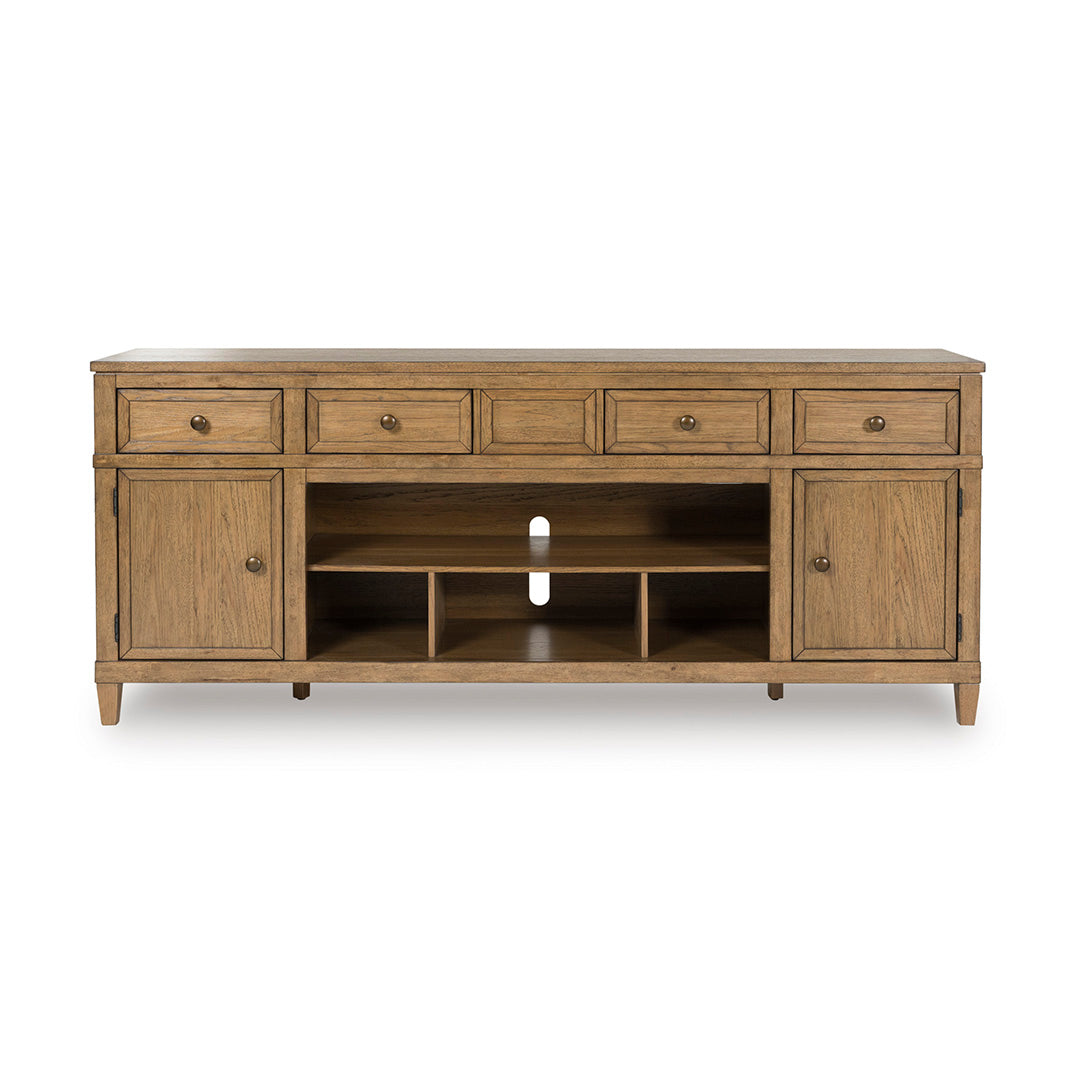 Sharlance TV Stand from Signature Design by Ashley in Brown Veneer with Bluetooth Speaker, LED Lighting - Detail view