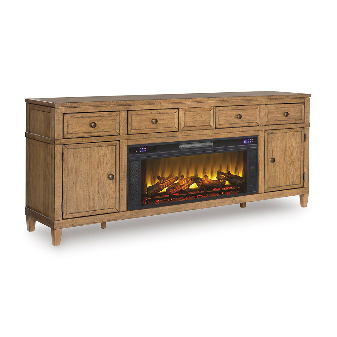 Sharlance TV Stand from Signature Design by Ashley in Brown Veneer with Bluetooth Speaker, LED Lighting - Angle view