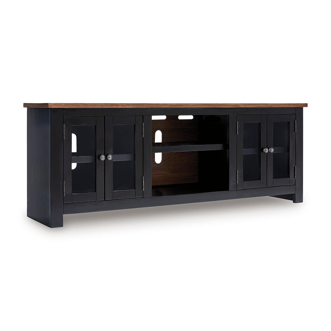 Black TV stand with glass doors on a white background