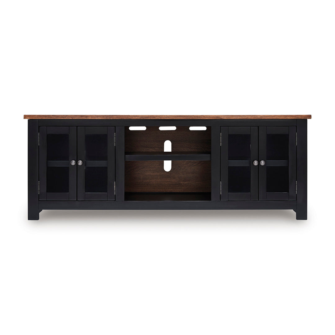 Wooden TV stand with black base and glass doors on a white background