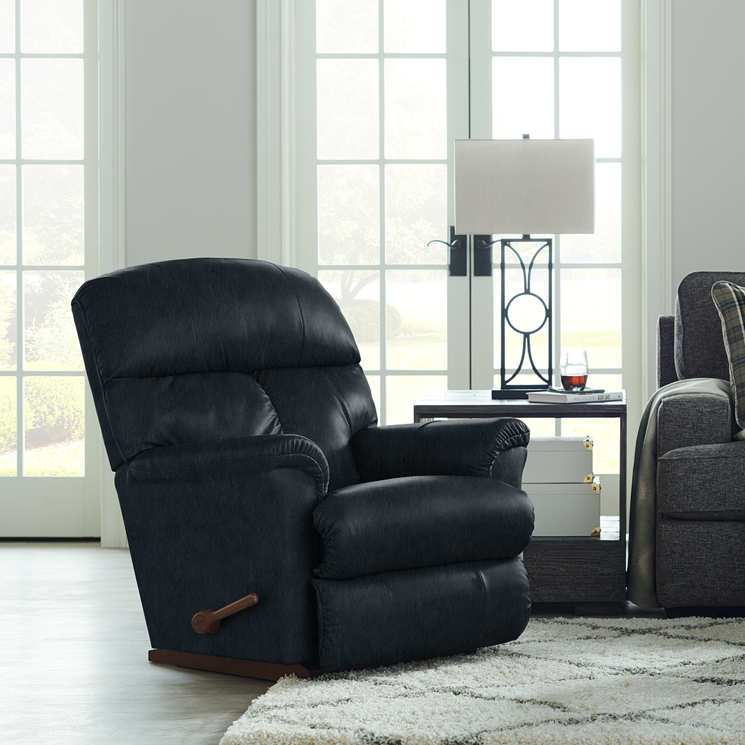 Reed Leather Rocker Recliner from La-Z-Boy Incorporated in Blue, Made in USA - Alternate angle