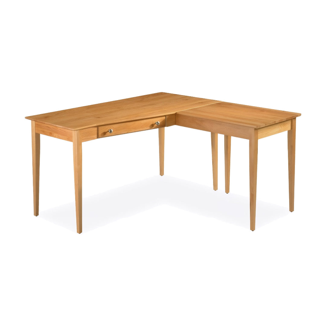 Wooden L-shaped desk on a white background