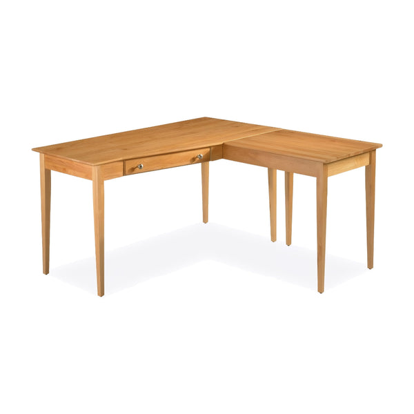 Wooden L-shaped desk on a white background