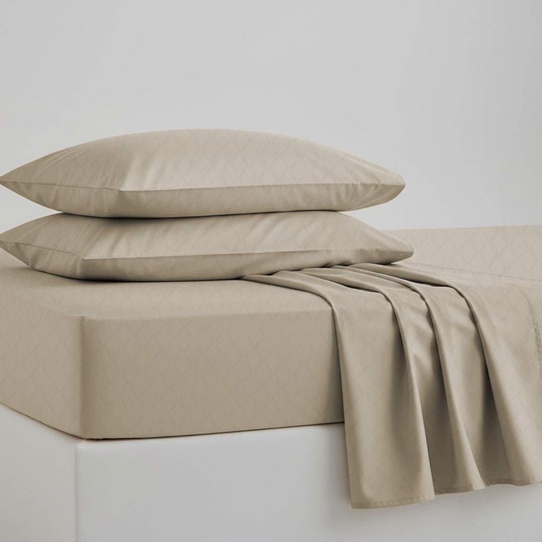 Cooling cotton sheets in beige, folded product view, from Lusome