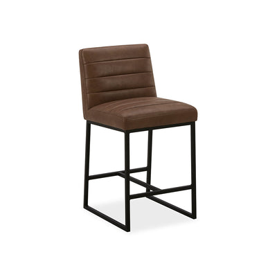 Copley upholstered counter stool in brown faux leather with swivel, front view, from Kuka Home
