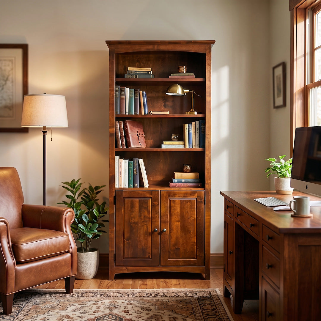 Solid Wood Bookcase with Doors from Archbold Furniture Company in Brown, Made in USA - Alternate angle