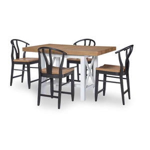 Franklin Counter Height Dining Set. Harvest oak table top, white veneer painted base with X motif on ends and middle support. Comes with one 18" leaf in matching harvest oak wood. Package includes 4 counter height chairs with harvest oak seats and aged black painted frames. Available in dining height.