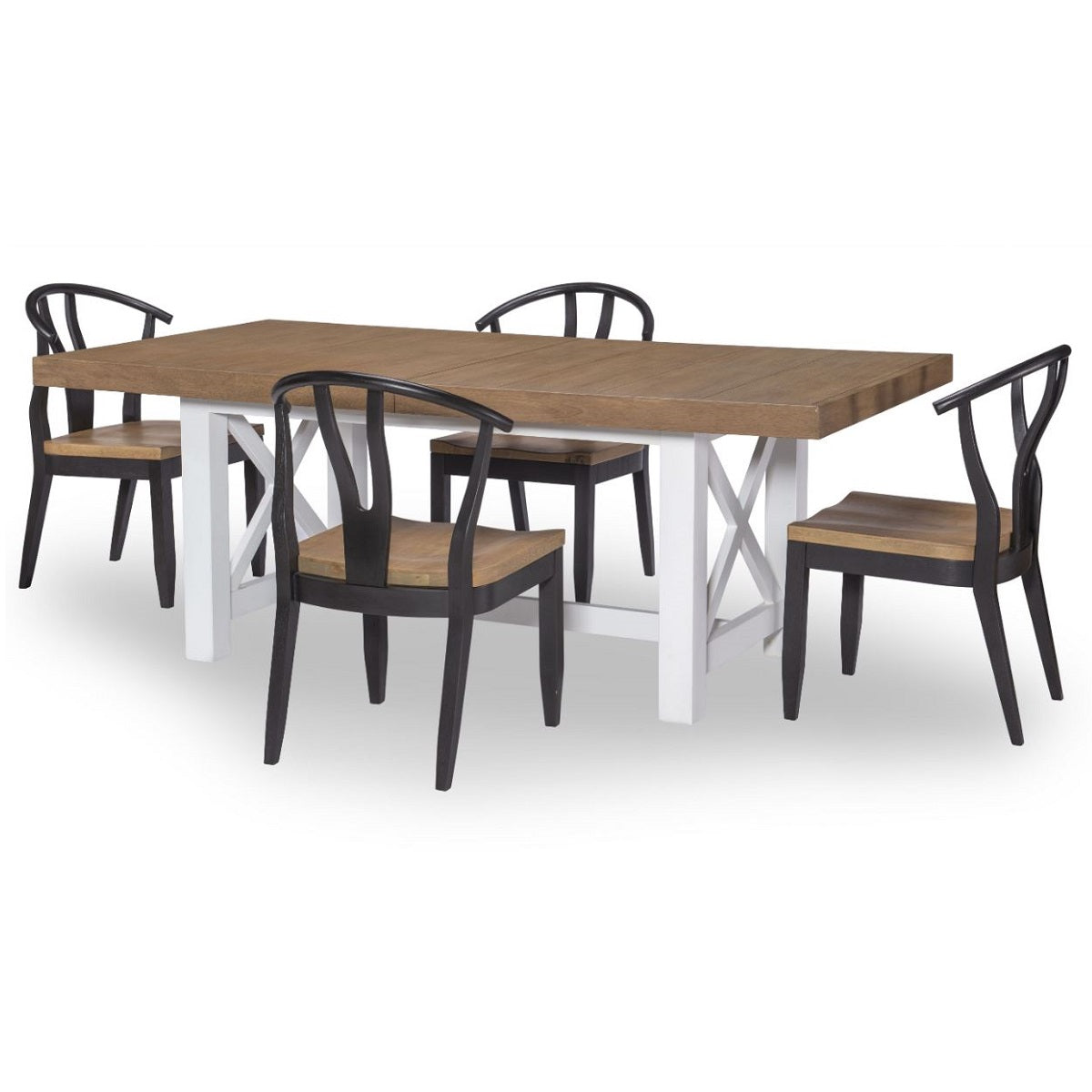 Franklin Dining Set. Harvest oak table top, white veneer painted base with X motif on ends and middle support. Comes with one 18" leaf in matching harvest oak wood. Package includes 4 dining height chairs with harvest oak seats and aged black painted frames. Available in dining and counter height.