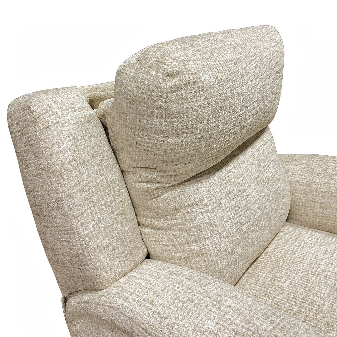 Drake Zero-G Swivel Glider Recliner with Heat &amp; Massage from Southern Motion in Beige Polyester, Made in USA - Reclined position
