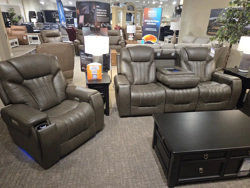 Moto Motion power reclining home theater display on Furniture Fair showroom floor