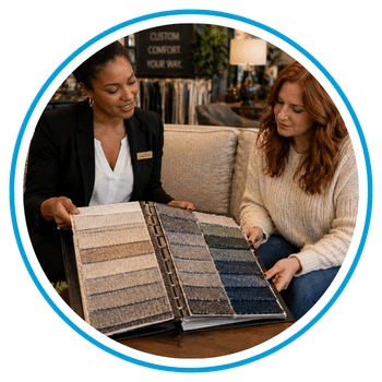 Design consultants helping customer choose custom fabric options in showroom