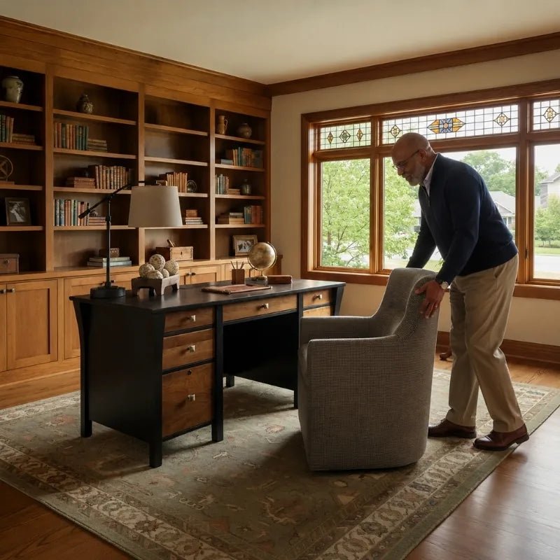 Man working at a solid wood desk in a home office with built-in bookshelves