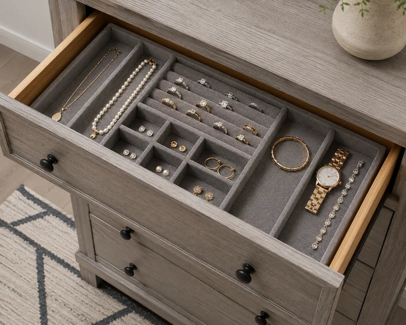 Felt-lined jewelry organizer drawer with compartments for rings, earrings, and necklaces