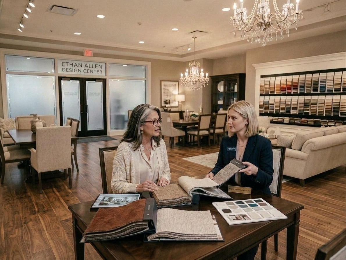 Woman reviewing fabric swatches with Ethan Allen designer in showroom in Lexington, Kentucky