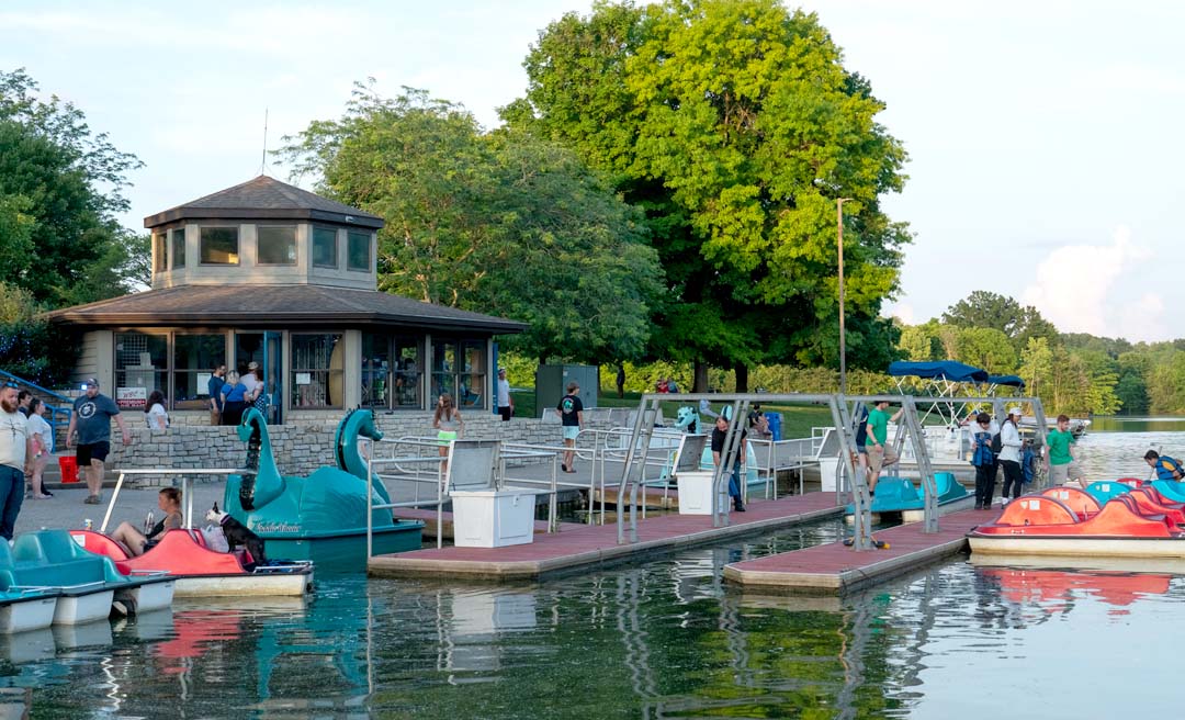 Miami Whitewater Forest harbor with pedal boats and lakefront pavilion