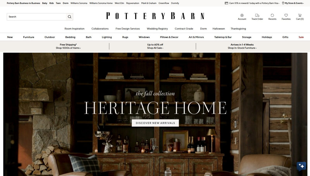 Pottery Barn website homepage showing premium furniture collections