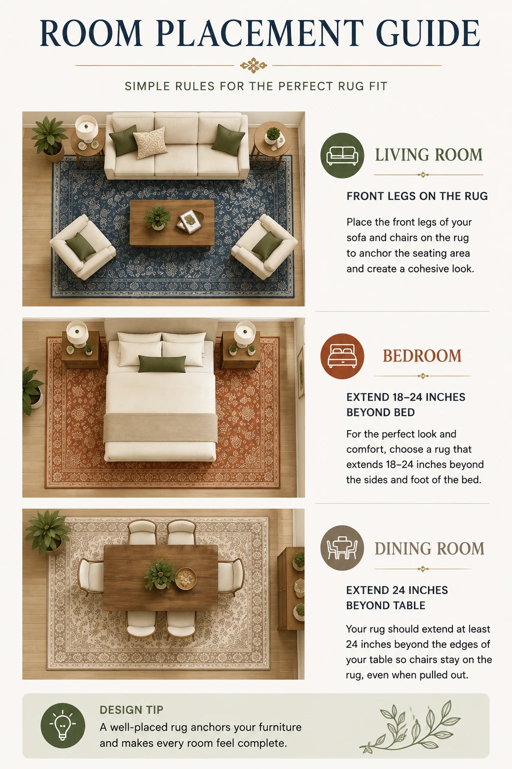 Room placement guide for area rugs showing top-down diagrams of proper rug placement in living rooms with front legs on the rug, bedrooms with rug extending 18 to 24 inches beyond the bed, and dining rooms with rug extending 24 inches beyond the table edges so chairs stay on the rug when pulled out