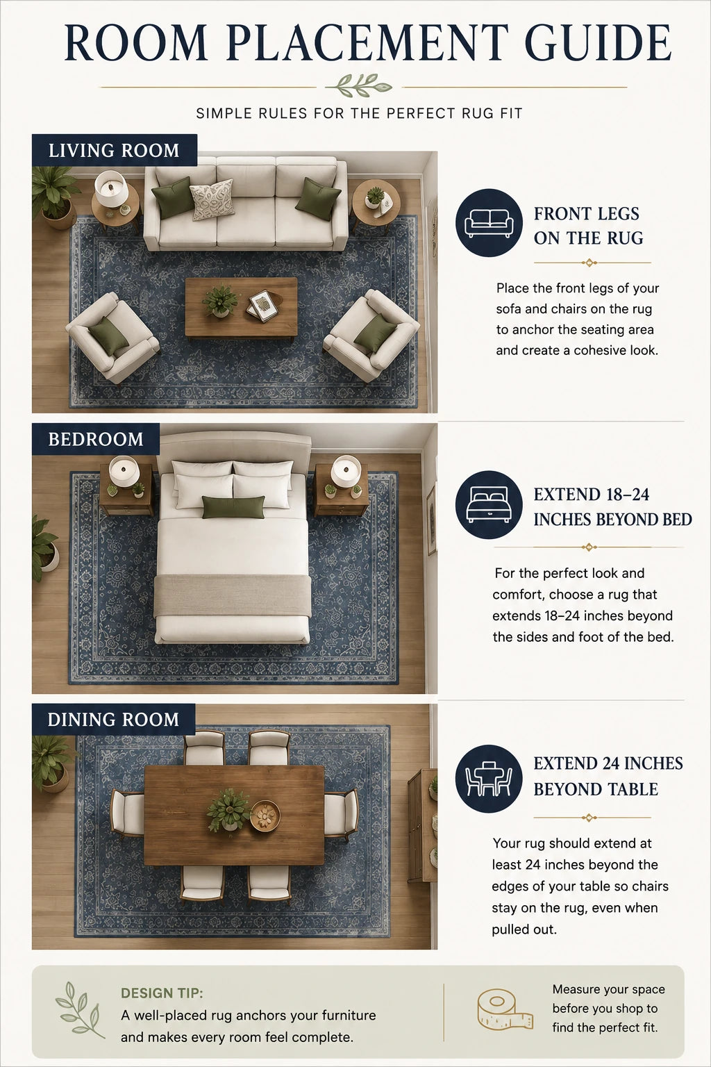 Room placement guide for area rugs showing top-down diagrams of proper rug placement in living rooms with front legs on the rug, bedrooms with rug extending 18 to 24 inches beyond the bed, and dining rooms with rug extending 24 inches beyond the table edges so chairs stay on the rug when pulled out